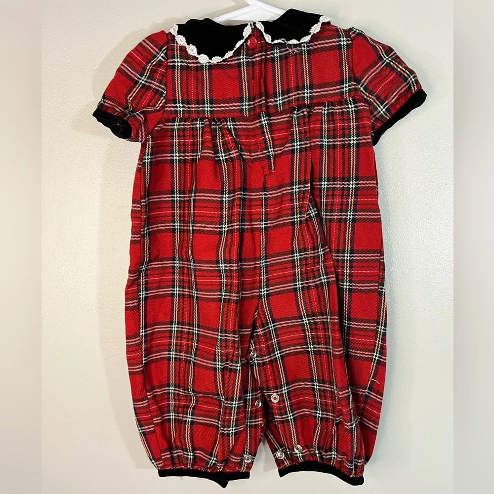 Youngland Red Christmas Plaid Baby Romper w Black Velvet Collar and Bow 3-6 mo